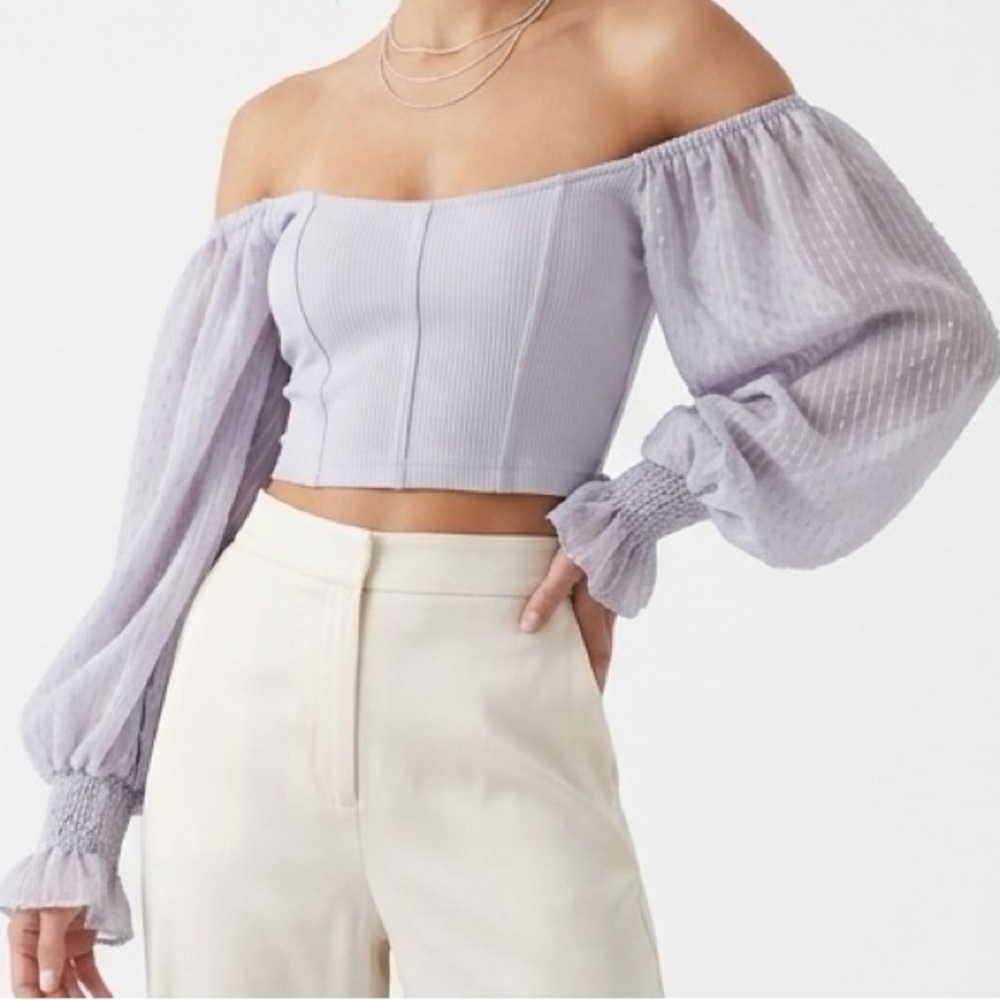 UO Cynthia Clip Dot Sleeve Ribbed Crop Top - Dusty Blue - Size M